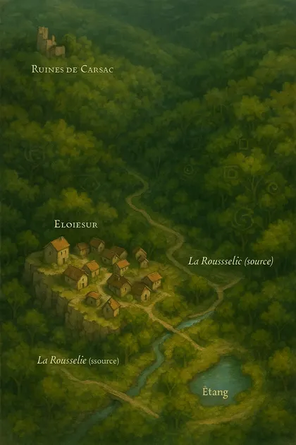 Carte verticale d'une foret avec chemins, racines et clairieres.