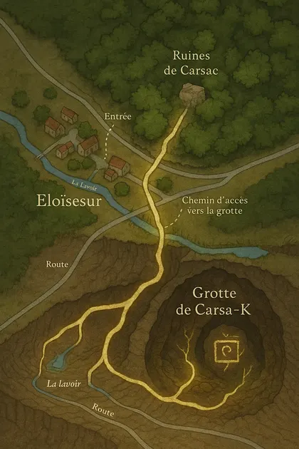 Carte verticale autour de Karsaka, des racines et de la grotte.