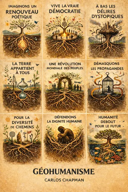 Affiche Geohumanisme avec mondes et racines.