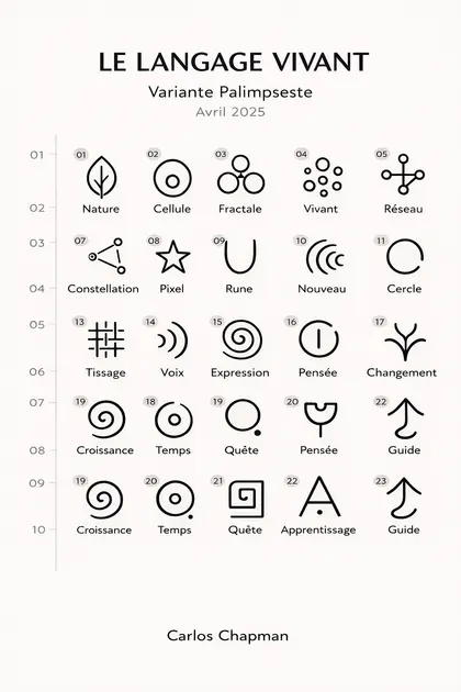 Planche de symboles et variantes polymorphiques du Langage Vivant.