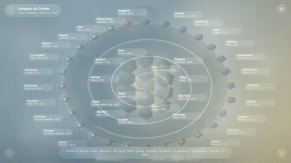 Le véritable lecteur Carapace du Temps, atlas mondial audio-réactif.